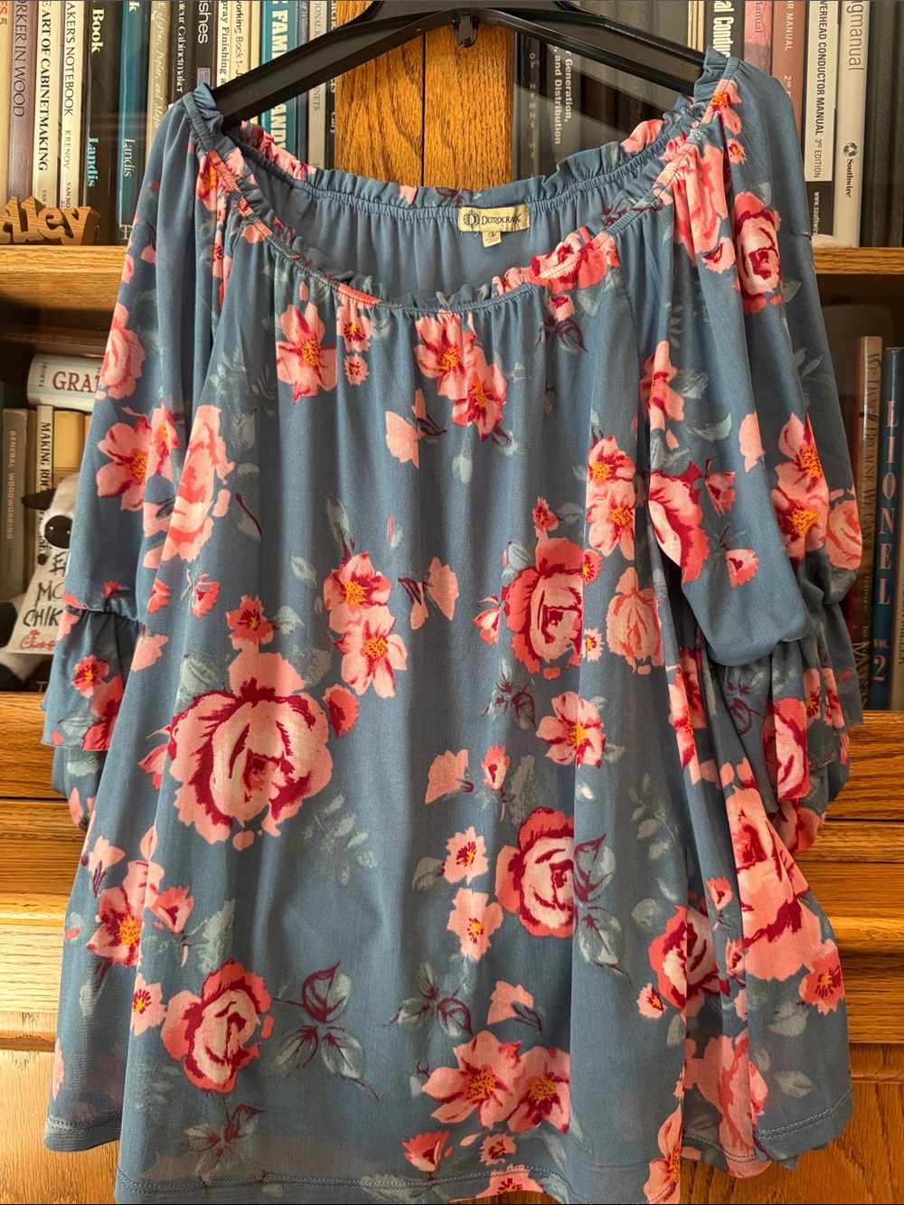 Democracy Blue Floral Off-Shoulder Blouse with Pink Roses